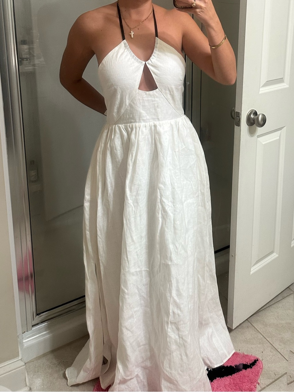 White linen Halter Maxi Dress with Keyhole Front